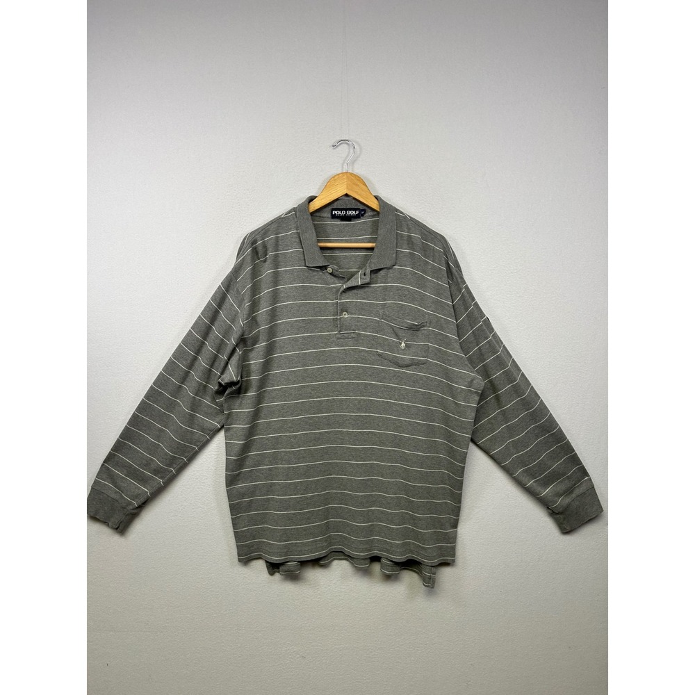 Preppy Polo Golf Ralph Lauren Mens XL Grey Striped Long Sleeve Pocket Polo Shirt